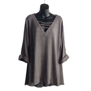 Buckle Black Women Oversize Dark Grey Vneck Sweater Shortsleeve Stretch Sz L NWT